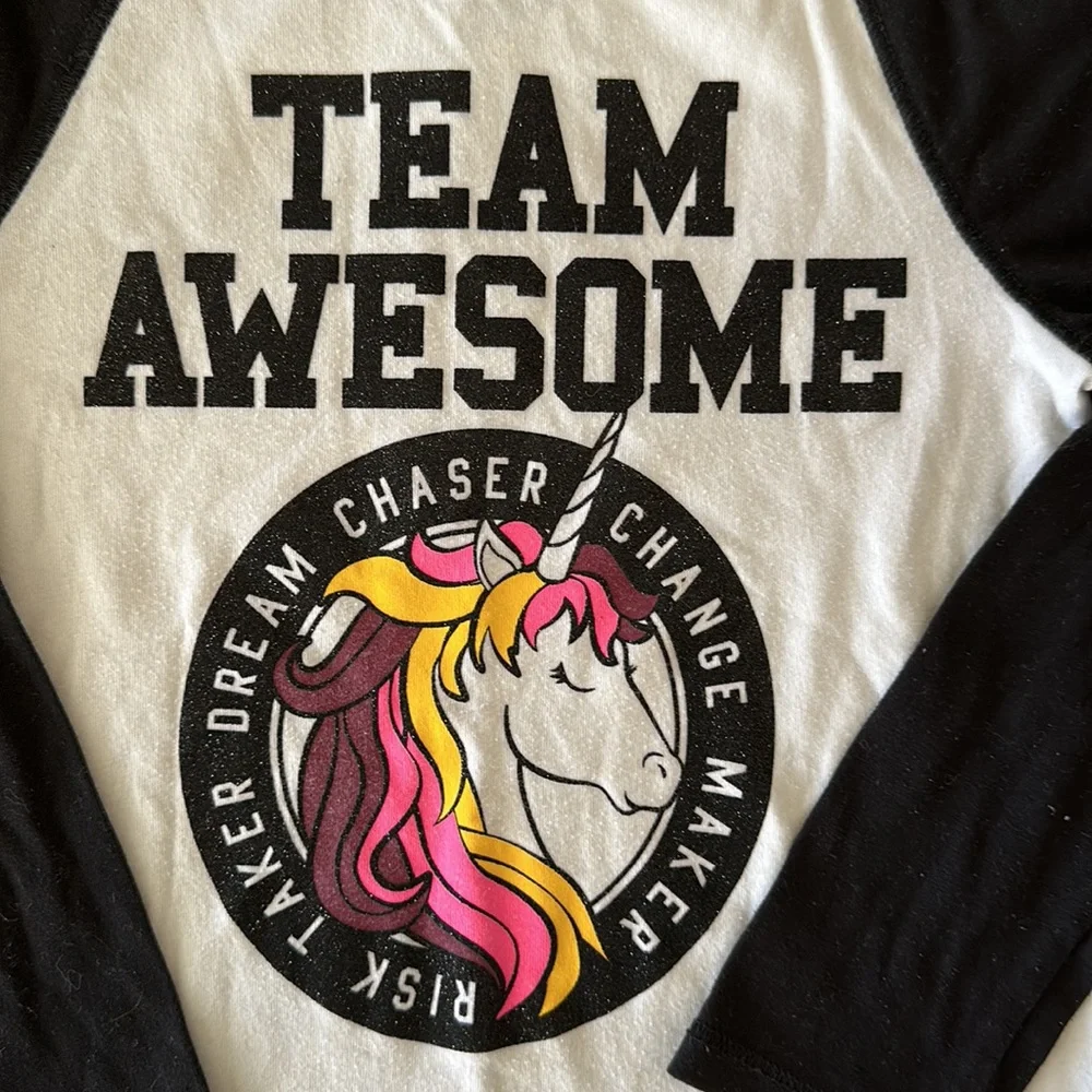 Justice Black and White Team Awesome Unicorn Long Sleeve Tee Size 6